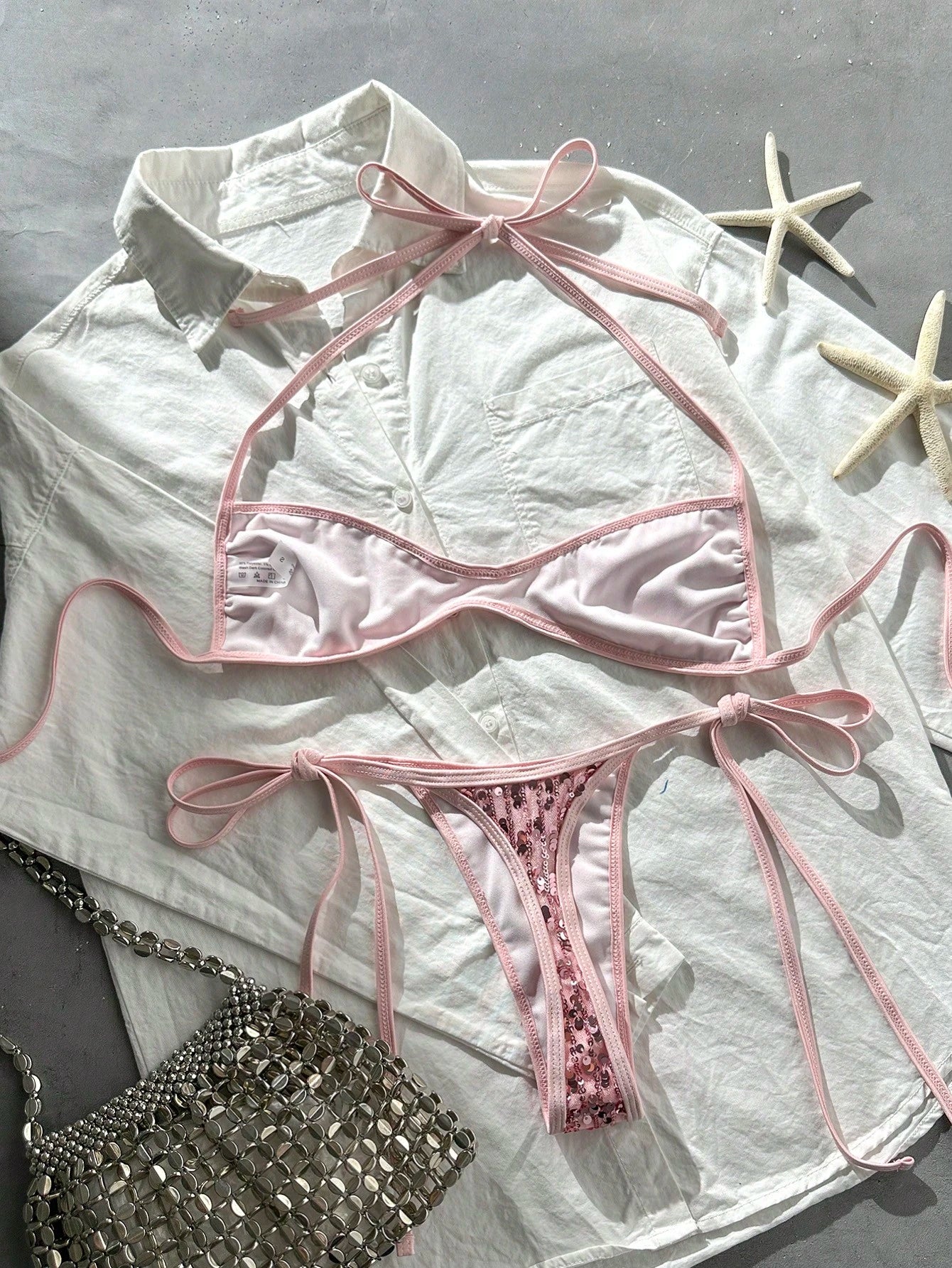 Costavie Spring/Summer Beach Vacation Sequin Halter Tie Bra And Side Tie Thong Bikini Set, Sexy