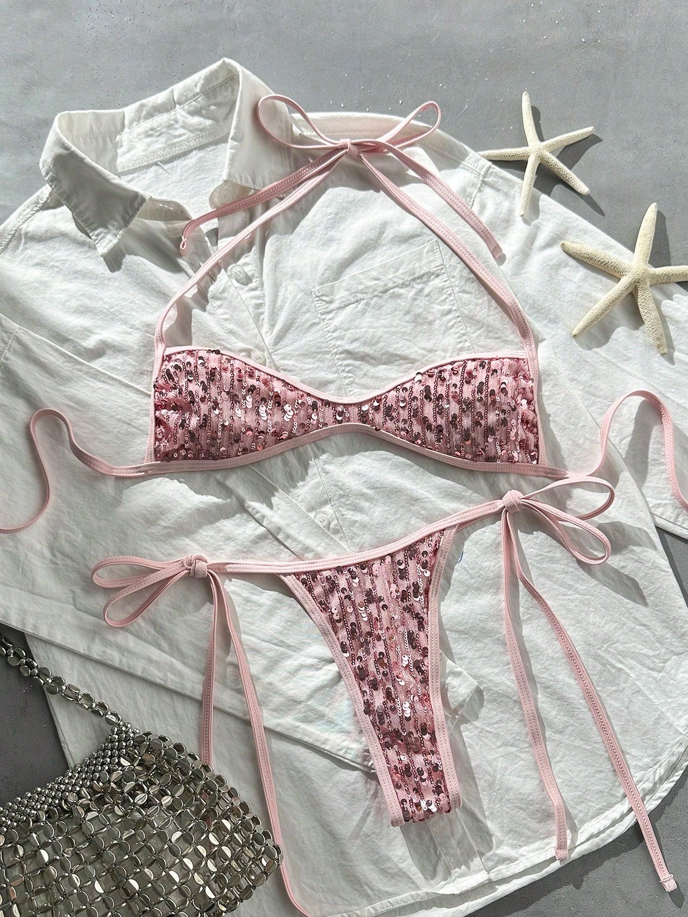 Costavie Spring/Summer Beach Vacation Sequin Halter Tie Bra And Side Tie Thong Bikini Set, Sexy