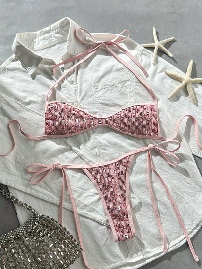 Costavie Spring/Summer Beach Vacation Sequin Halter Tie Bra And Side Tie Thong Bikini Set, Sexy