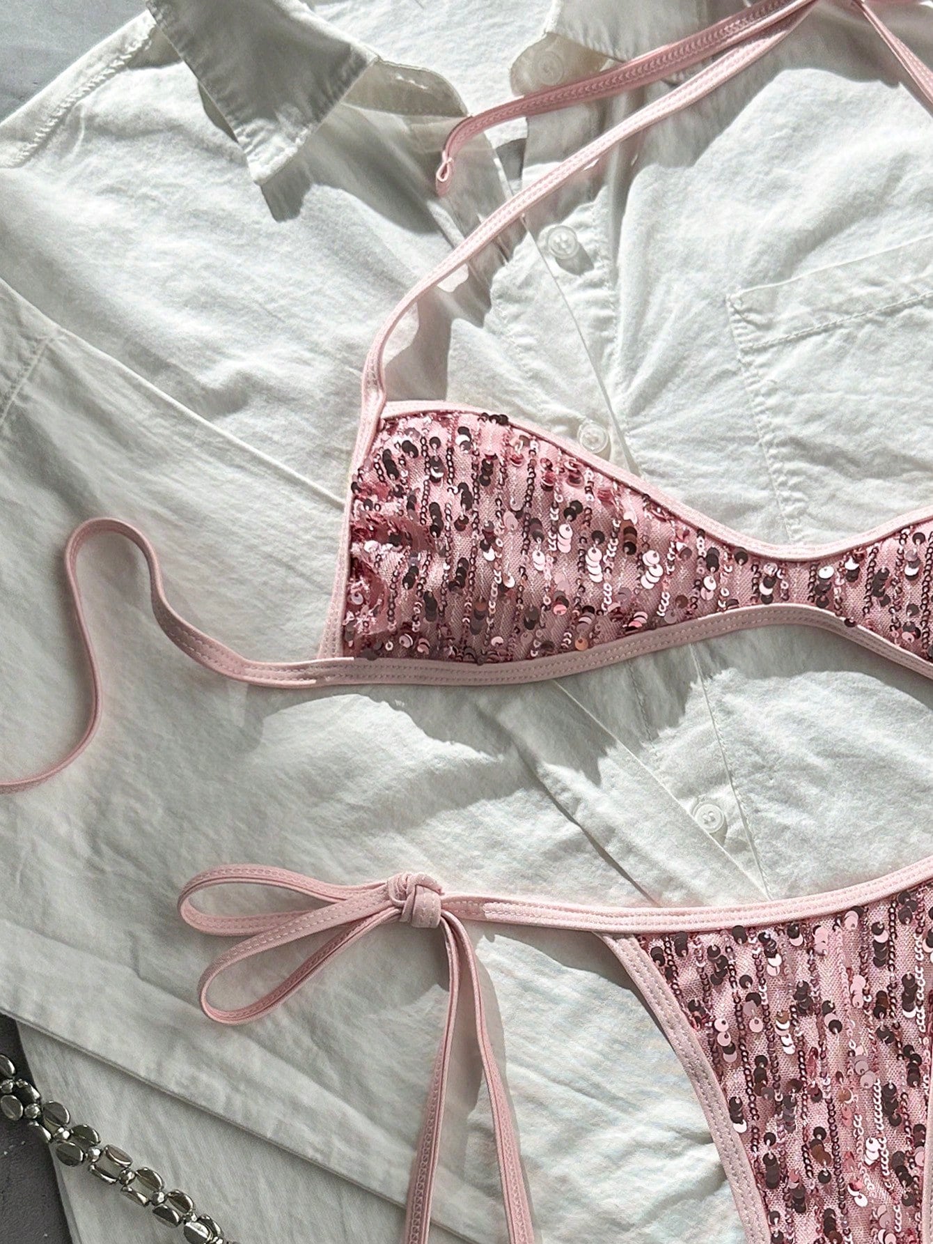 Costavie Spring/Summer Beach Vacation Sequin Halter Tie Bra And Side Tie Thong Bikini Set, Sexy