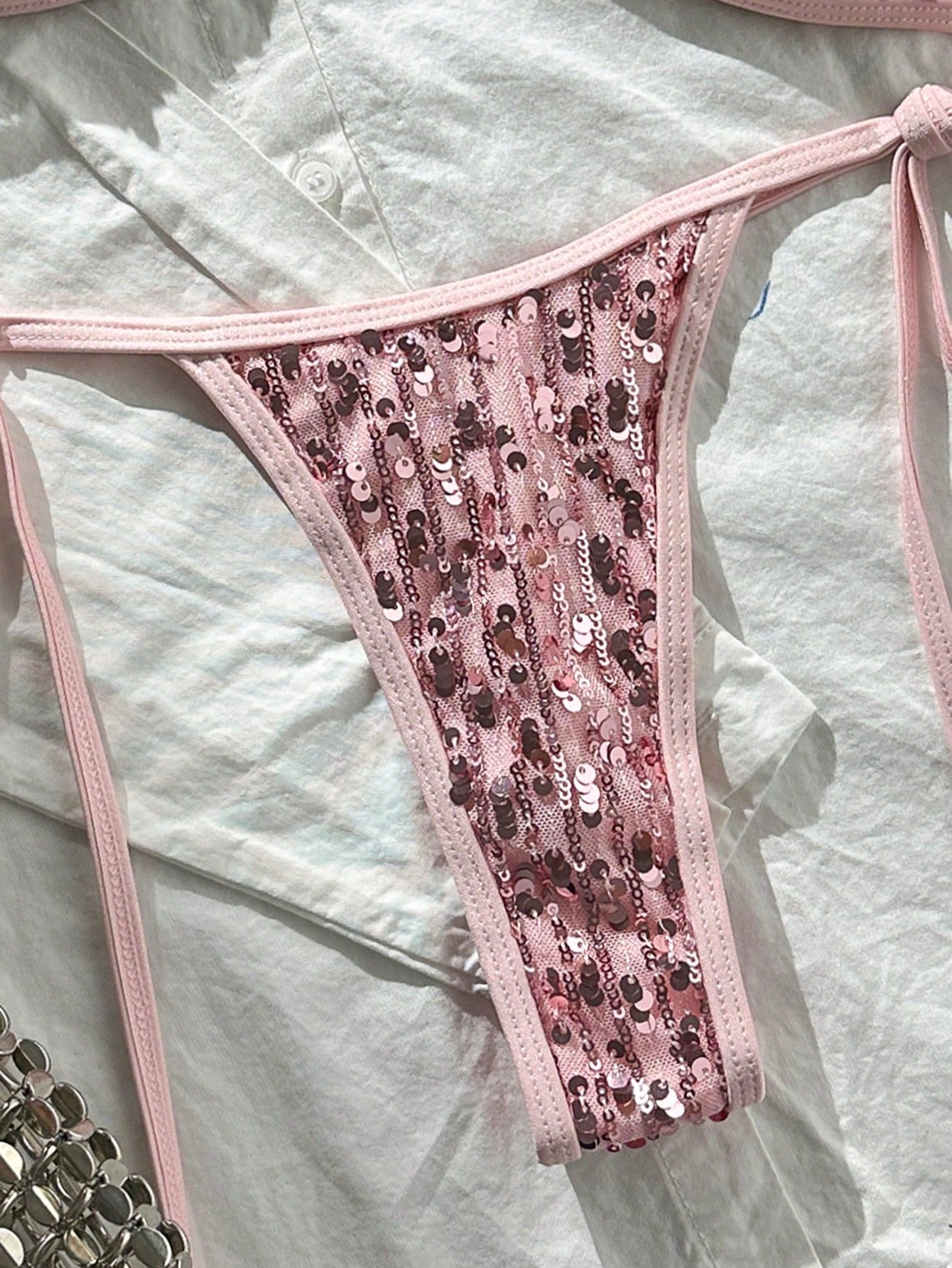 Costavie Spring/Summer Beach Vacation Sequin Halter Tie Bra And Side Tie Thong Bikini Set, Sexy