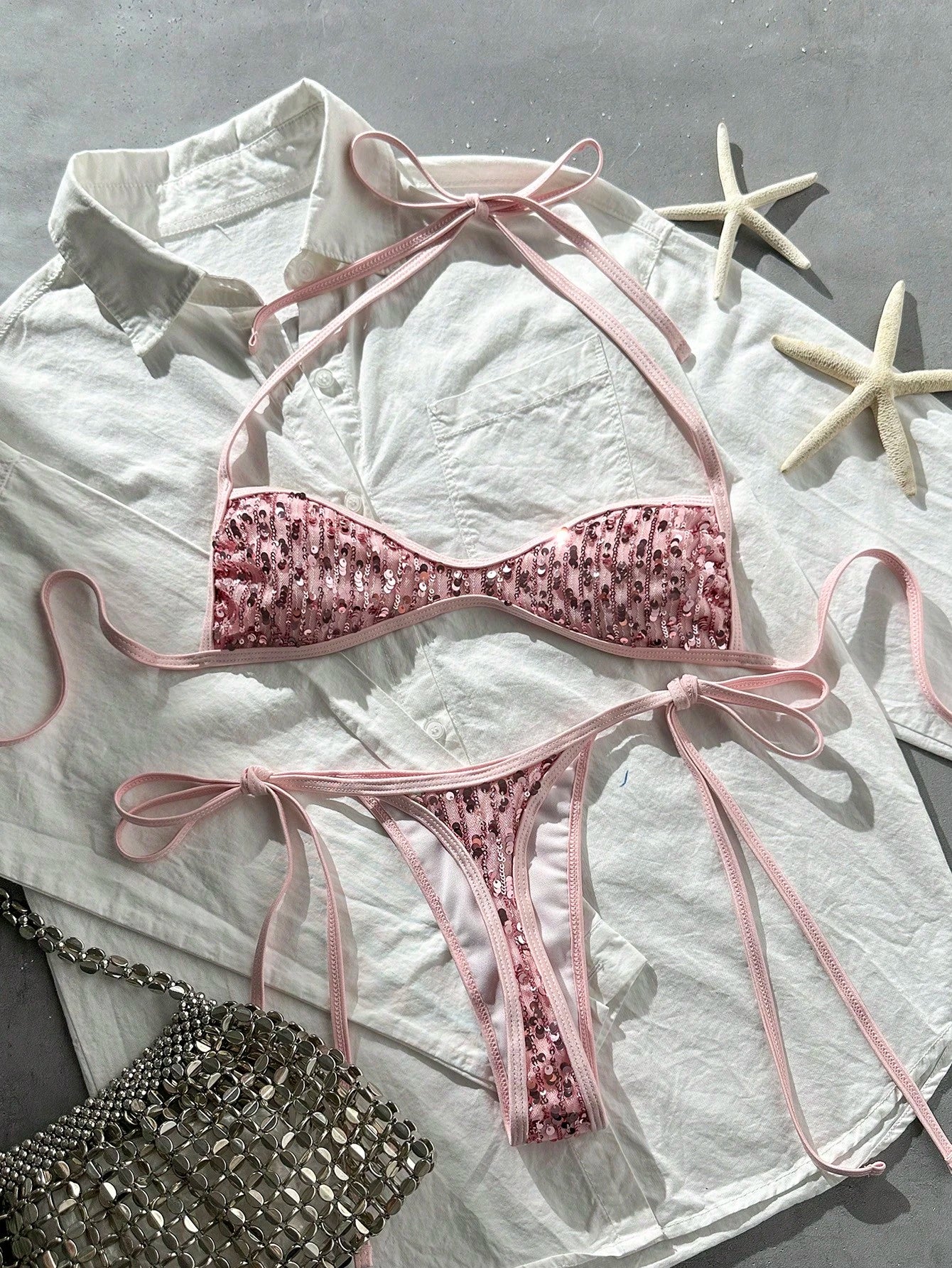 Costavie Spring/Summer Beach Vacation Sequin Halter Tie Bra And Side Tie Thong Bikini Set, Sexy