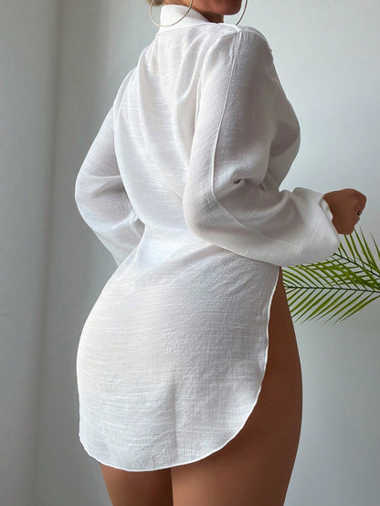 Costavie Summer Beach Solid Color Side Split Longline Cover-Up