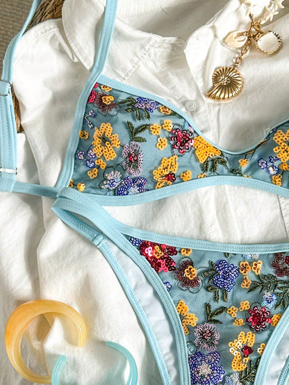 Costavie Summer Women's 2-Piece Sequin Embroidered Halter Bikini Top And Tie-Side Bottom Swimwear Set, Sexy Beach Vacation Outfit