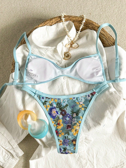 Costavie Summer Women's 2-Piece Sequin Embroidered Halter Bikini Top And Tie-Side Bottom Swimwear Set, Sexy Beach Vacation Outfit