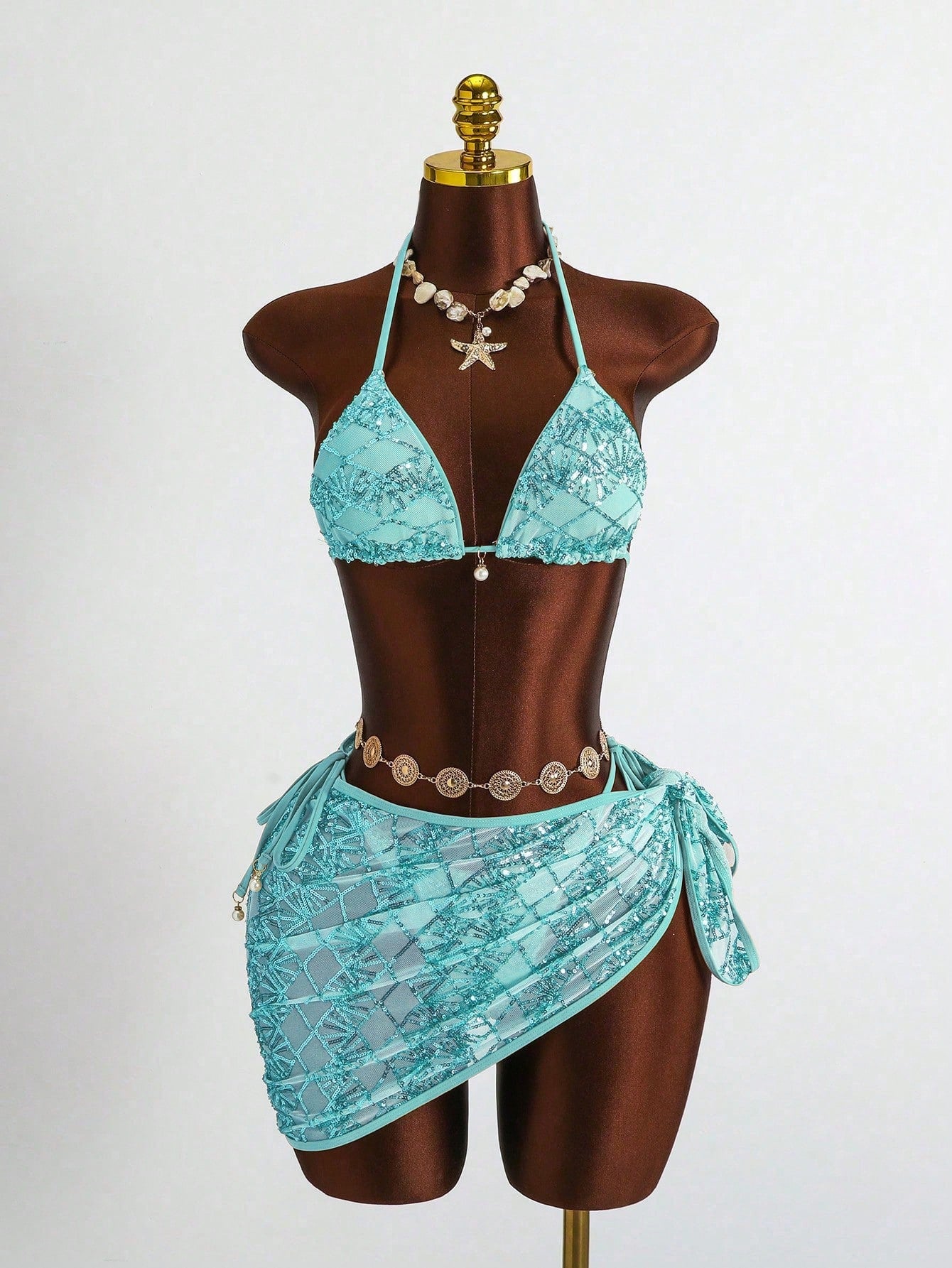 Costavie Swim Bonvoyette 3-Piece Set Spring/Summer Beach Vacation Sequin Textured Fabric Pearl Accessory Halter Triangle Bikini Top Side Tie Bikini Bottoms And Sequin Skirt Sexy Women's Swimsuit