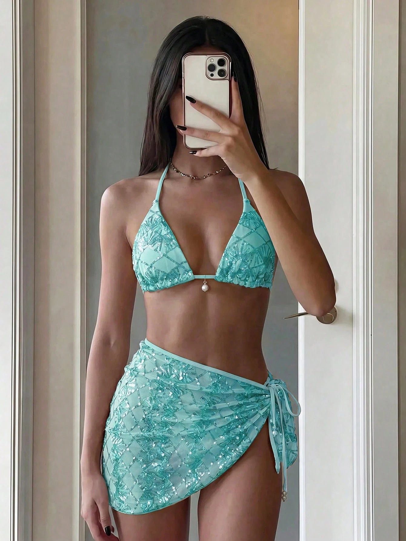 Costavie Swim Bonvoyette 3-Piece Set Spring/Summer Beach Vacation Sequin Textured Fabric Pearl Accessory Halter Triangle Bikini Top Side Tie Bikini Bottoms And Sequin Skirt Sexy Women's Swimsuit
