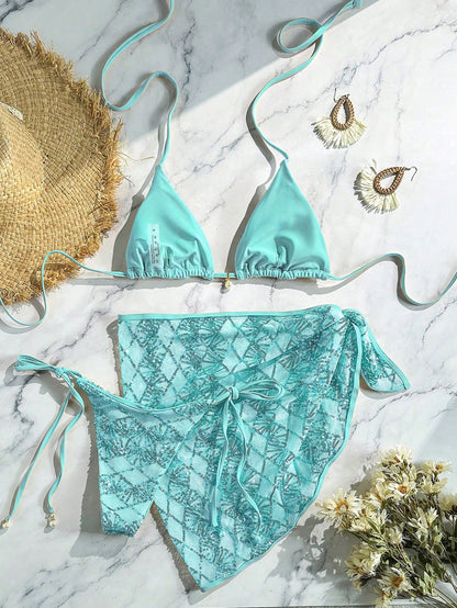 Costavie Swim Bonvoyette 3-Piece Set Spring/Summer Beach Vacation Sequin Textured Fabric Pearl Accessory Halter Triangle Bikini Top Side Tie Bikini Bottoms And Sequin Skirt Sexy Women's Swimsuit