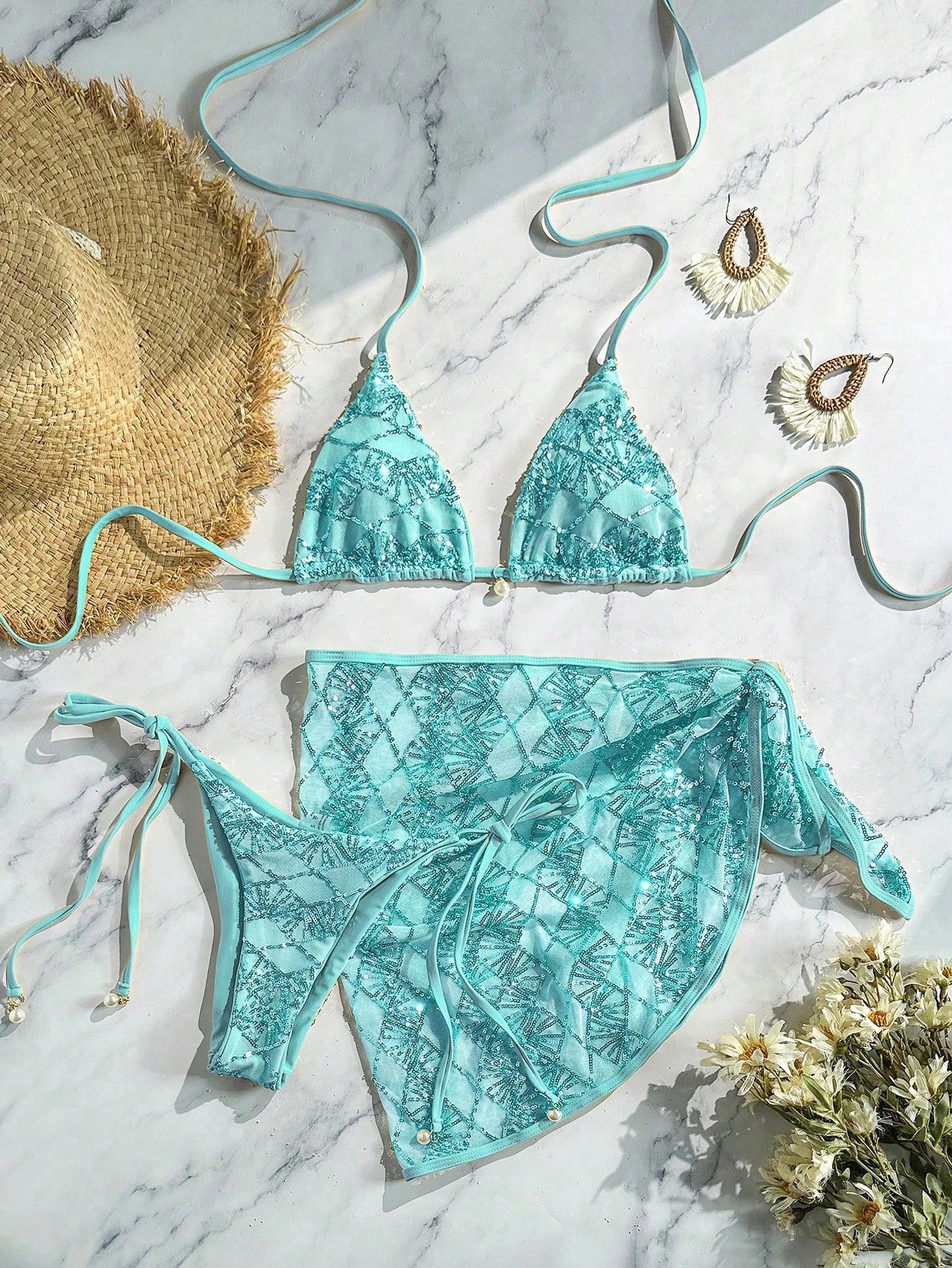 Costavie Swim Bonvoyette 3-Piece Set Spring/Summer Beach Vacation Sequin Textured Fabric Pearl Accessory Halter Triangle Bikini Top Side Tie Bikini Bottoms And Sequin Skirt Sexy Women's Swimsuit