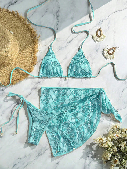 Costavie Swim Bonvoyette 3-Piece Set Spring/Summer Beach Vacation Sequin Textured Fabric Pearl Accessory Halter Triangle Bikini Top Side Tie Bikini Bottoms And Sequin Skirt Sexy Women's Swimsuit