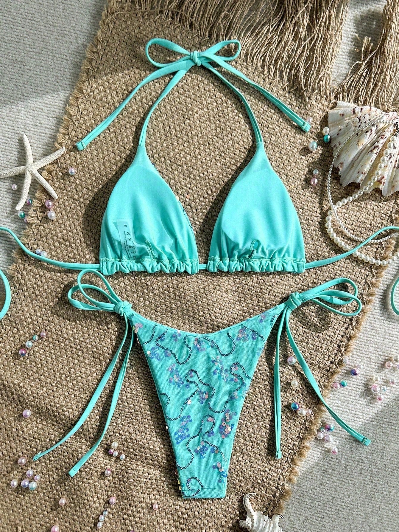 Costavie Women's 2 Pieces Colorful Sequin Triangle Cup Bra & Side Tie Bikini Set,Turquoise Summer Casual Beach Holiday Vacation Glitter Bathing Suit