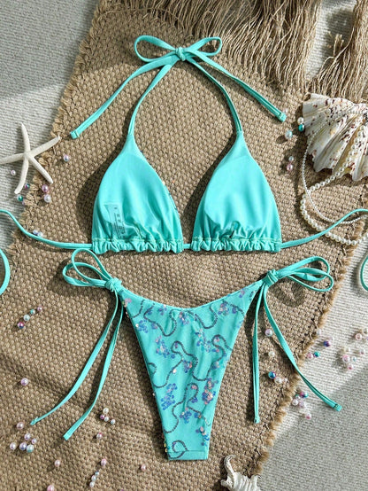 Costavie Women's 2 Pieces Colorful Sequin Triangle Cup Bra & Side Tie Bikini Set,Turquoise Summer Casual Beach Holiday Vacation Glitter Bathing Suit