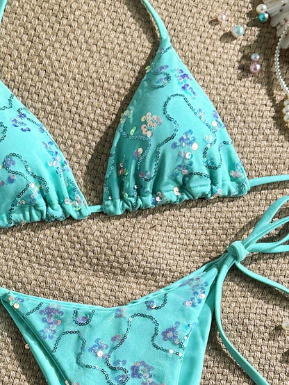 Costavie Women's 2 Pieces Colorful Sequin Triangle Cup Bra & Side Tie Bikini Set,Turquoise Summer Casual Beach Holiday Vacation Glitter Bathing Suit
