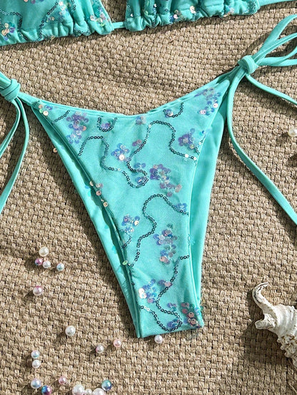 Costavie Women's 2 Pieces Colorful Sequin Triangle Cup Bra & Side Tie Bikini Set,Turquoise Summer Casual Beach Holiday Vacation Glitter Bathing Suit