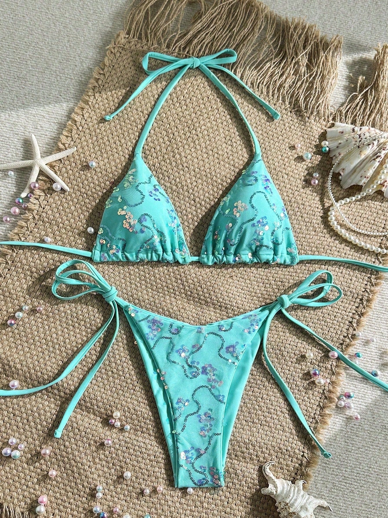 Costavie Women's 2 Pieces Colorful Sequin Triangle Cup Bra & Side Tie Bikini Set,Turquoise Summer Casual Beach Holiday Vacation Glitter Bathing Suit
