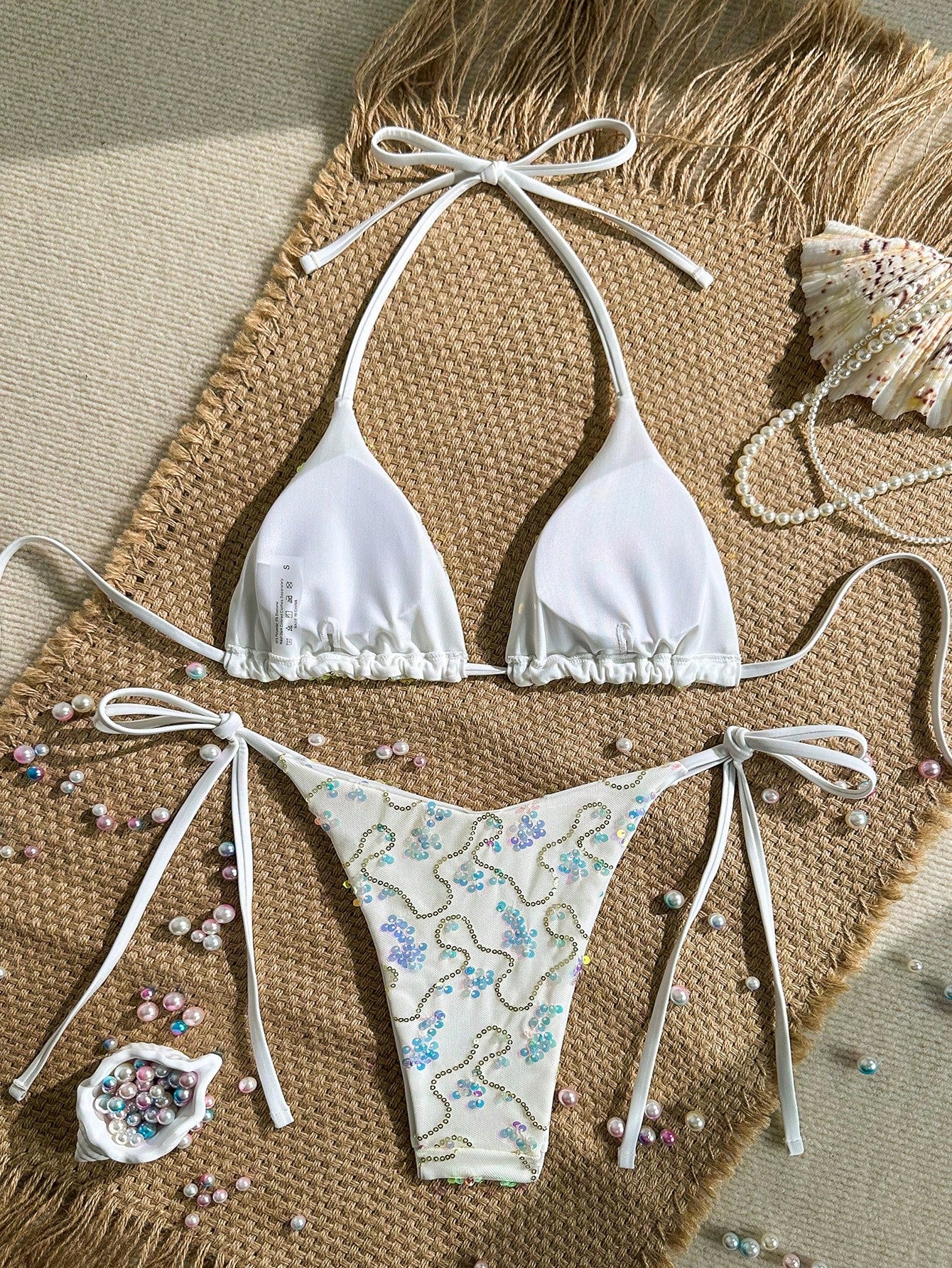 Costavie Women's 2 Pieces Colorful Sequin Triangle Cup Bra & Side Tie Bikini Set,Turquoise Summer Casual Beach Holiday Vacation Glitter Bathing Suit
