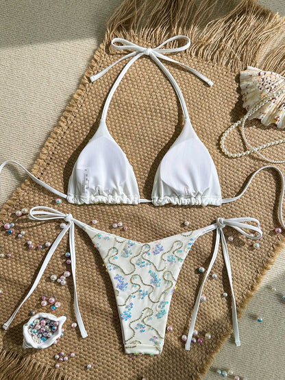 Costavie Women's 2 Pieces Colorful Sequin Triangle Cup Bra & Side Tie Bikini Set,Turquoise Summer Casual Beach Holiday Vacation Glitter Bathing Suit