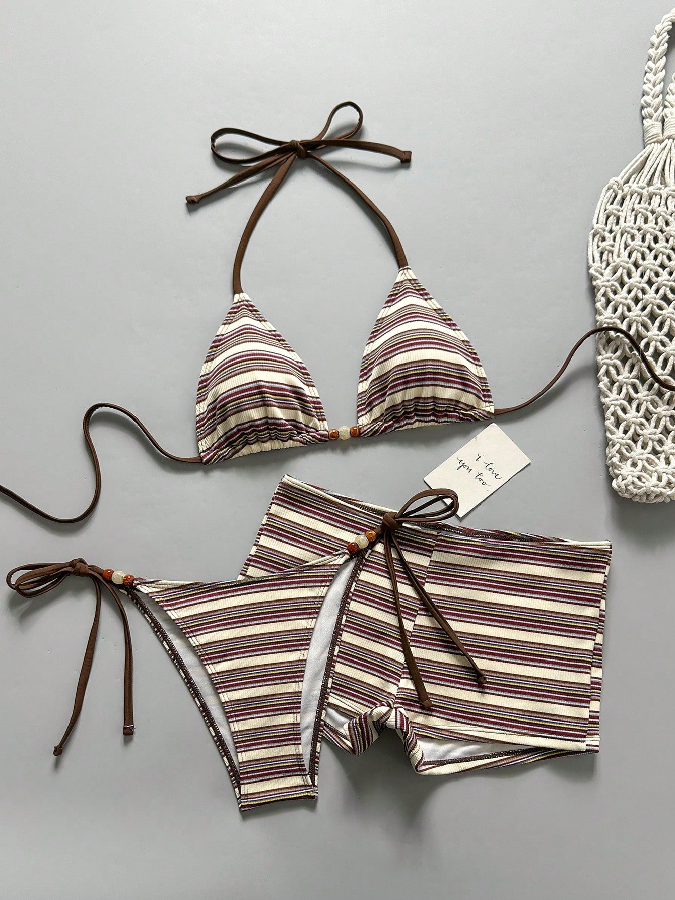 Costavie Women's 3 Pieces Beige Striped Bikini Set With Beaded Decor,Low-Waist Briefs,Matching Tote Bag,80s Summer Beach Vacation Holiday Holiday Swimwear