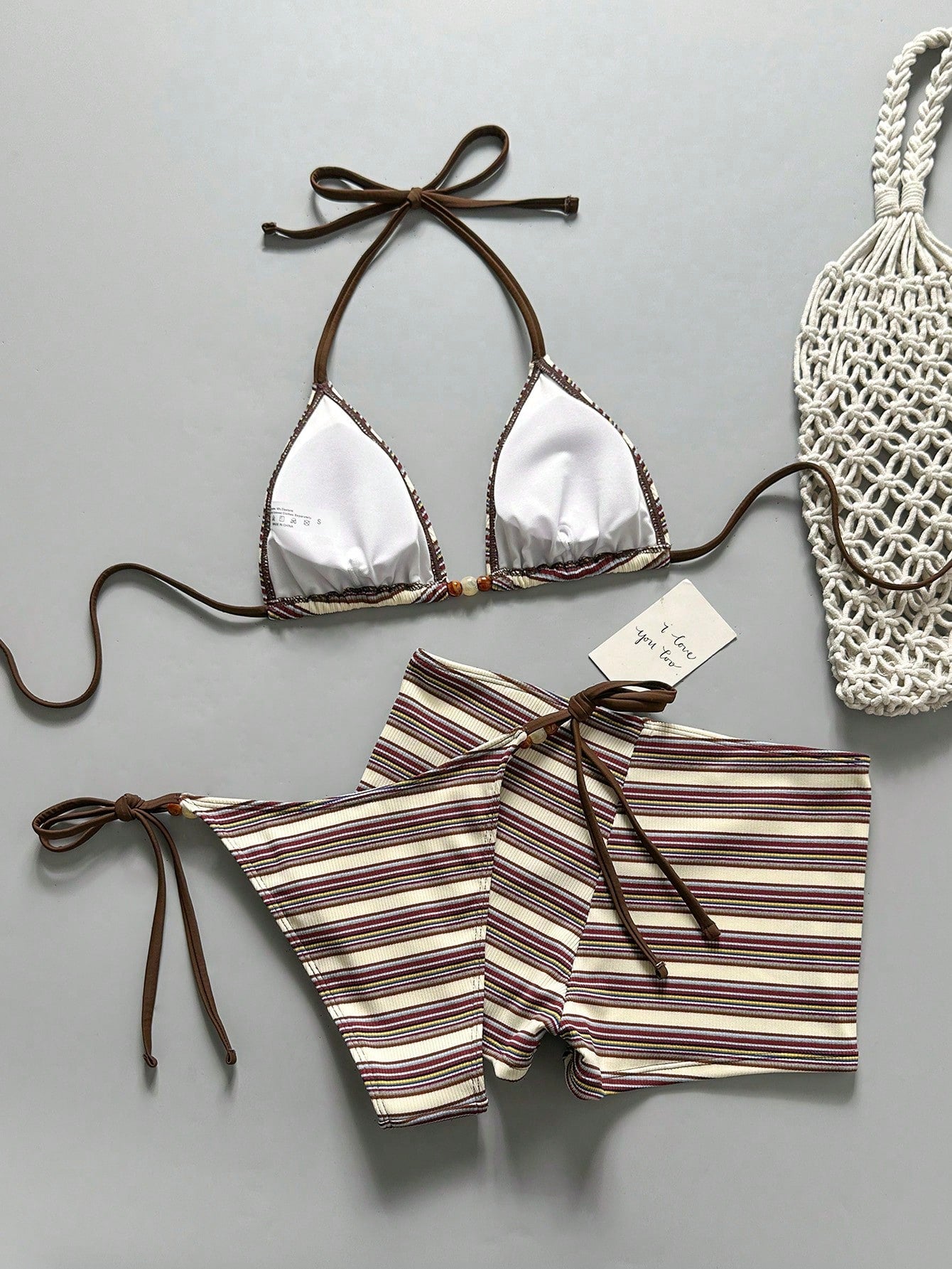 Costavie Women's 3 Pieces Beige Striped Bikini Set With Beaded Decor,Low-Waist Briefs,Matching Tote Bag,80s Summer Beach Vacation Holiday Holiday Swimwear