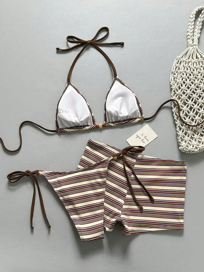 Costavie Women's 3 Pieces Beige Striped Bikini Set With Beaded Decor,Low-Waist Briefs,Matching Tote Bag,80s Summer Beach Vacation Holiday Holiday Swimwear