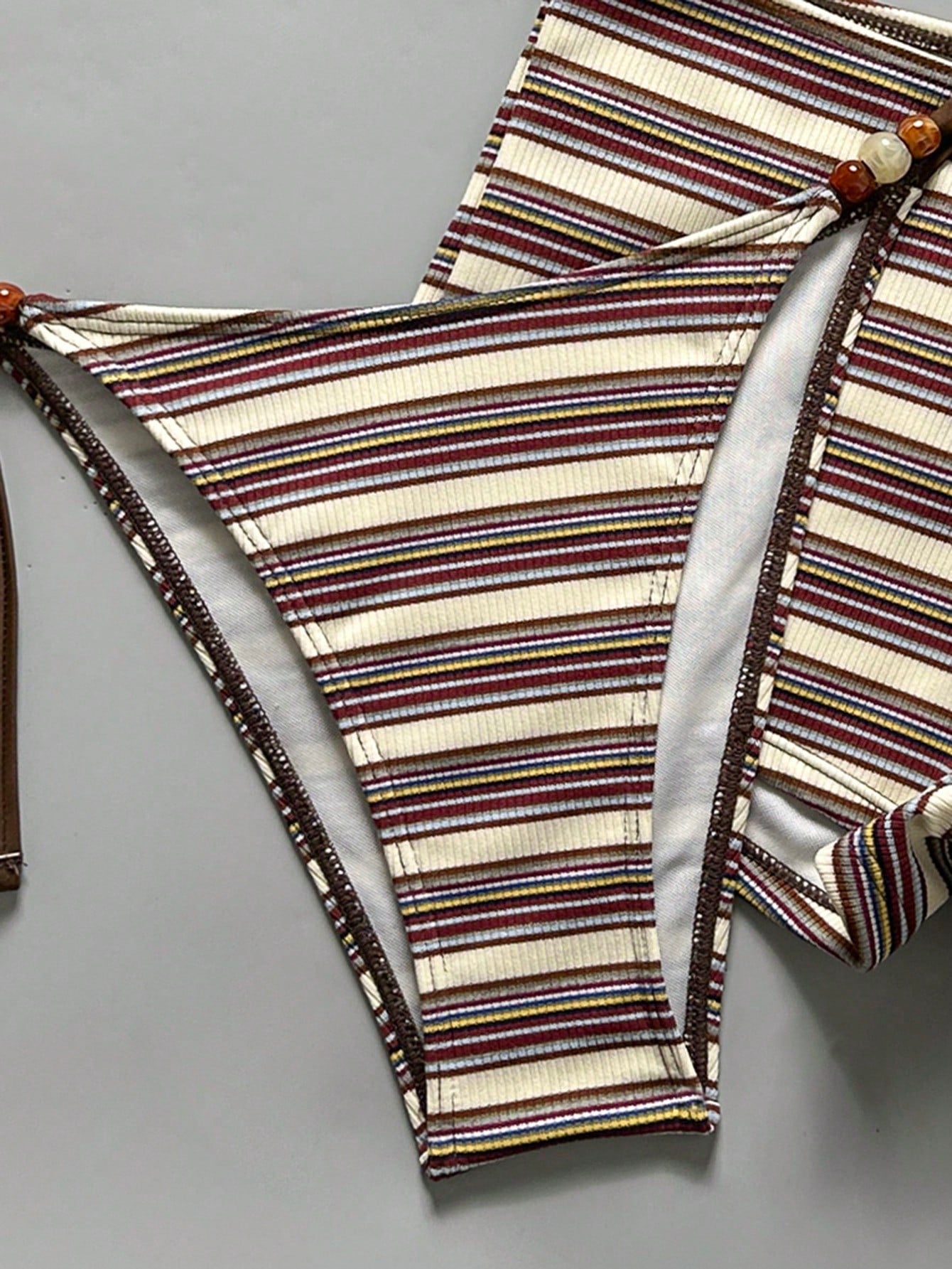 Costavie Women's 3 Pieces Beige Striped Bikini Set With Beaded Decor,Low-Waist Briefs,Matching Tote Bag,80s Summer Beach Vacation Holiday Holiday Swimwear