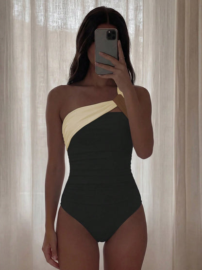 Costavie Women's Colorblock One-Shoulder Fashion One-Piece Swimsuit For Vacation