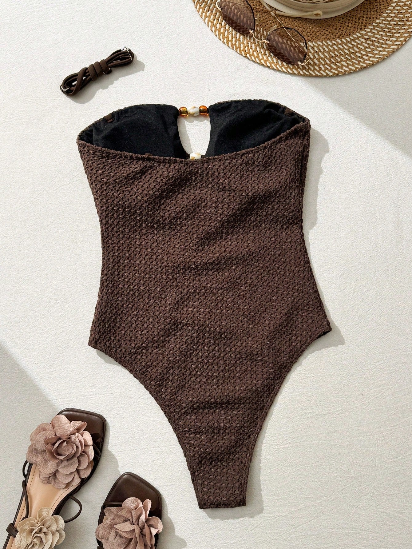 Costavie Women's Fashion Beach Wear, Solid Color Textured Fabric, Spaghetti Strap, Front Hollow-Out & Multicolor Beaded Design, Sexy Resort One-Piece Swimsuit