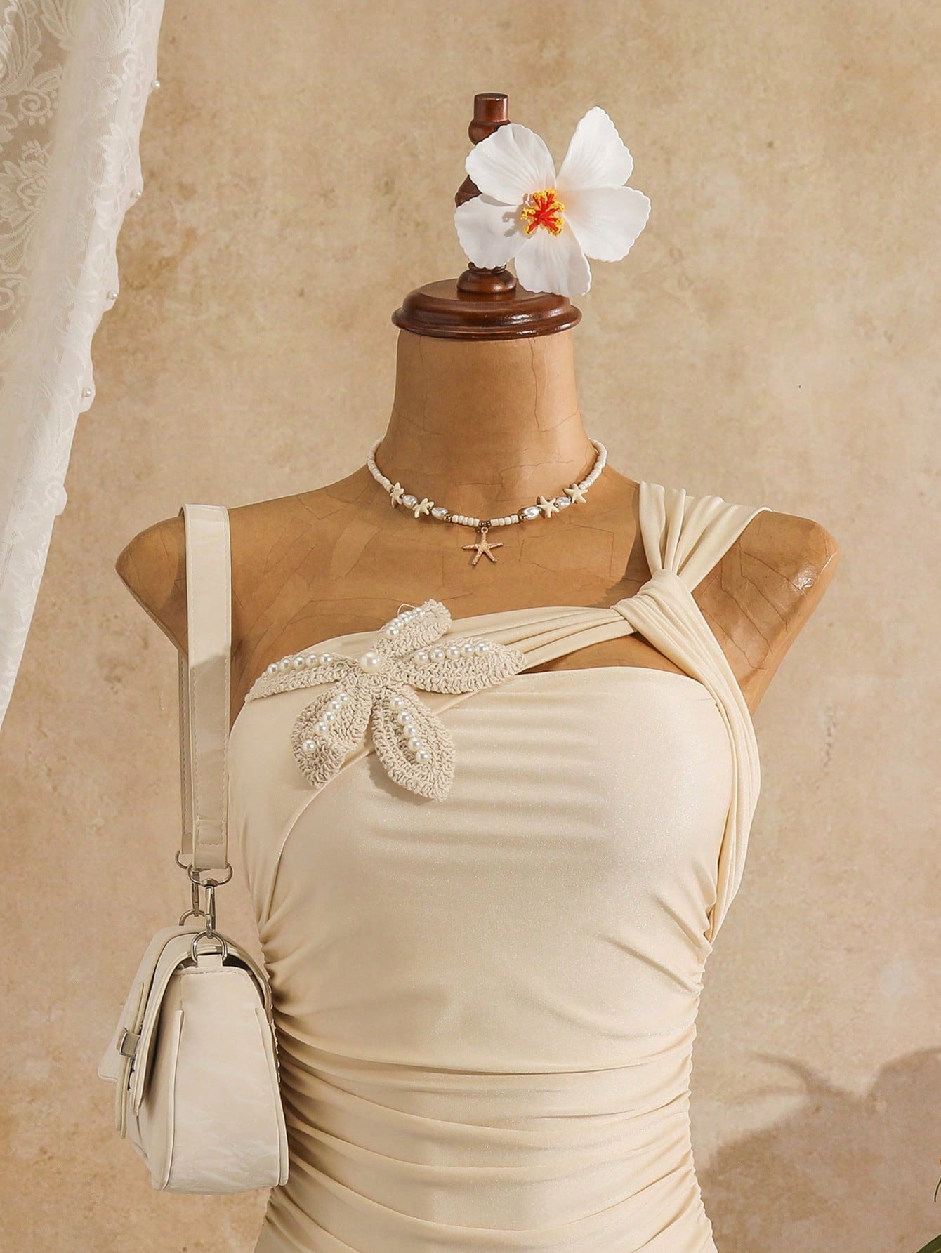 Costavie Women's New Solid Apricot Asymmetrical Neckline Minimalist Daily One-Piece Swimsuit, Summer Style, Pearl Knit 3D Floral Design, Simple Elegant One-Piece Swimsuit, Suitable For Beach Vacation