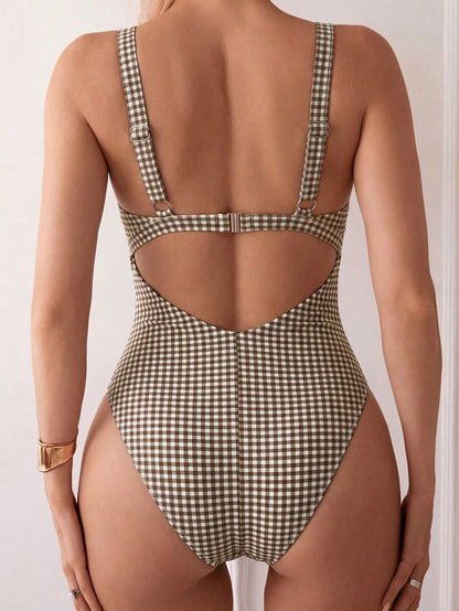 Costavie Women's Plaid Knotted Cutout One-Piece Swimsuit,Brown,Summer,70s Retro,Holiday,Pool Party,Gingham Halter Cheetah Print Polka Dot Holiday Cut Out