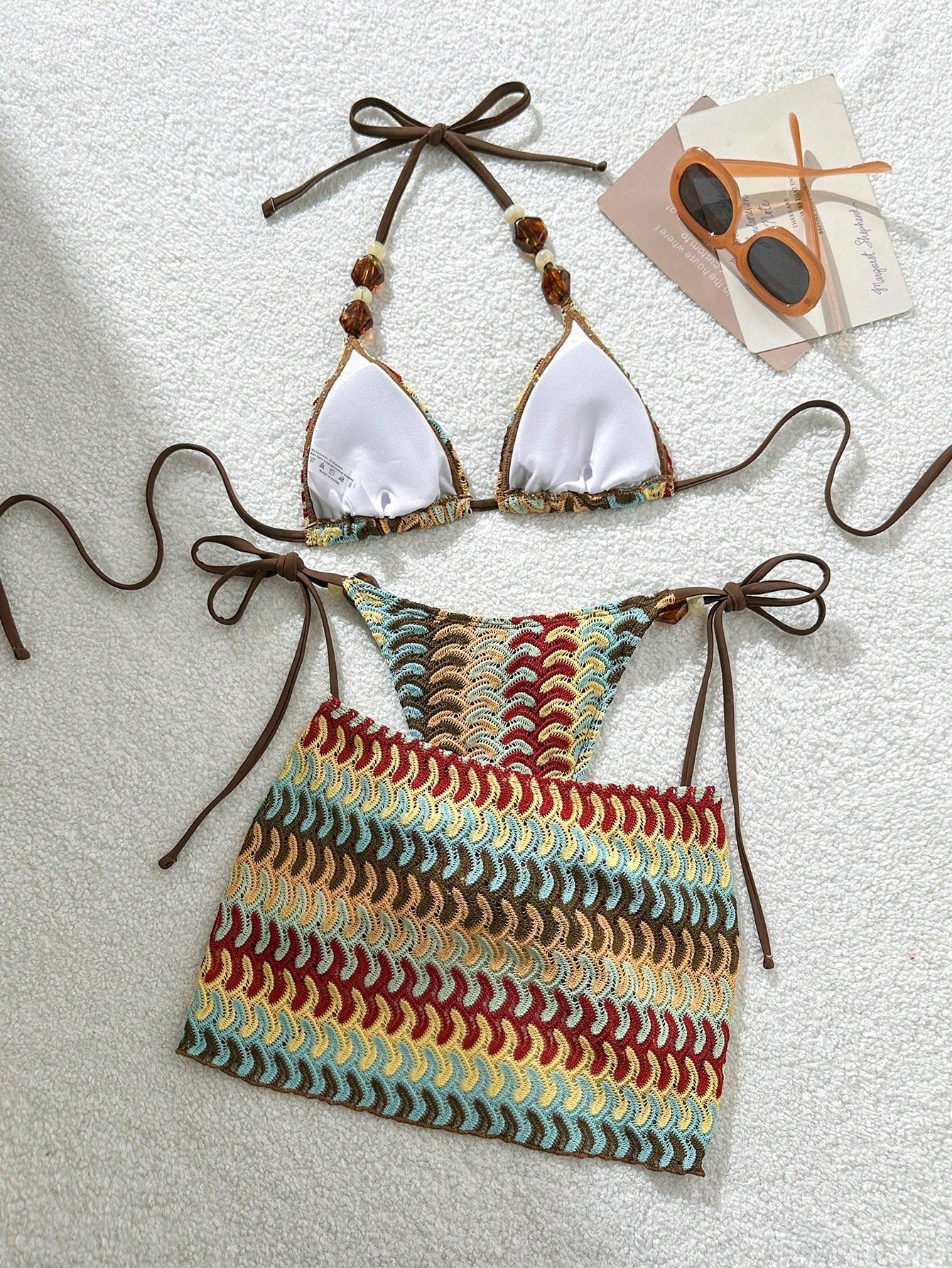 Costavie Women's Stone Accessory Backless Mesh Bikini Three Pieces Swimwear,Light Blue,Summer,Boho,Beach,Holiday,Holiday,Spring/Summer New Texture Fabric