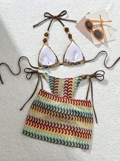 Costavie Women's Stone Accessory Backless Mesh Bikini Three Pieces Swimwear,Light Blue,Summer,Boho,Beach,Holiday,Holiday,Spring/Summer New Texture Fabric