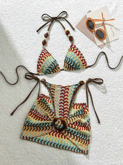 Costavie Women's Stone Accessory Backless Mesh Bikini Three Pieces Swimwear,Light Blue,Summer,Boho,Beach,Holiday,Holiday,Spring/Summer New Texture Fabric