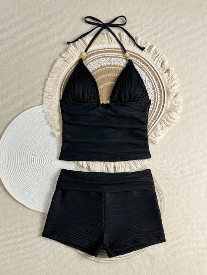 Costavie Women's Summer Beach Solid Color Halter Tie Sexy Tankini Swimwear Set