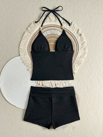 Costavie Women's Summer Beach Solid Color Halter Tie Sexy Tankini Swimwear Set