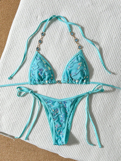 Costavie Women Summer 2-Piece Teal Bikini Set,70s Retro Zebra Print Sparkling,Sequin & Faux Pearl Decor Triangle Bra Top,Side Tie Bottoms,Beach Holiday Party