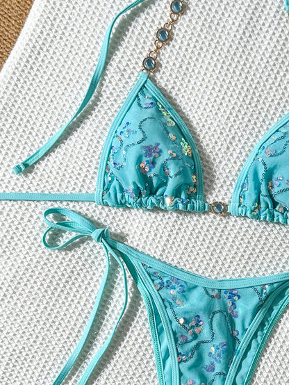 Costavie Women Summer 2-Piece Teal Bikini Set,70s Retro Zebra Print Sparkling,Sequin & Faux Pearl Decor Triangle Bra Top,Side Tie Bottoms,Beach Holiday Party