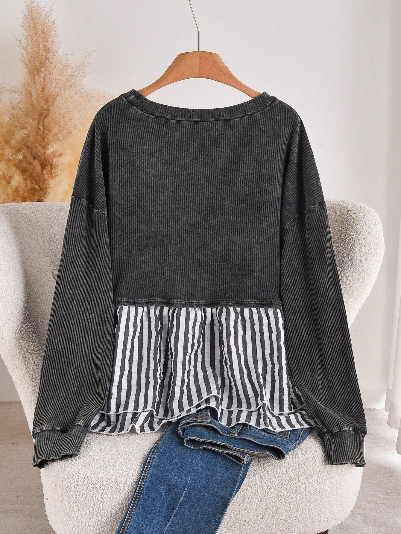 CosyJoli Plus Size Casual Contrast Striped Patchwork Washed Round Neck Long Sleeve T-Shirt Spring Casual Mother's Day Fall