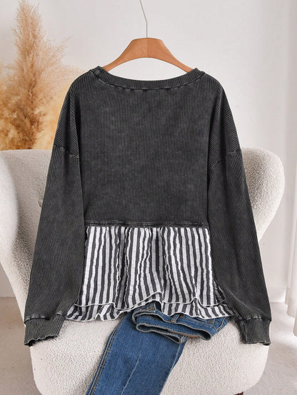 CosyJoli Plus Size Casual Contrast Striped Patchwork Washed Round Neck Long Sleeve T-Shirt Spring Casual Mother's Day Fall