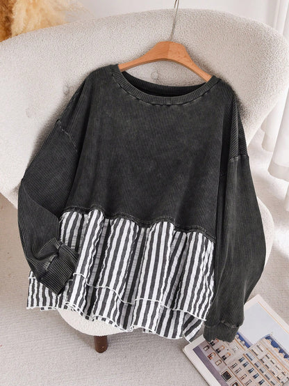 CosyJoli Plus Size Casual Contrast Striped Patchwork Washed Round Neck Long Sleeve T-Shirt Spring Casual Mother's Day Fall
