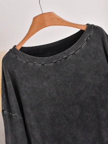 CosyJoli Plus Size Casual Contrast Striped Patchwork Washed Round Neck Long Sleeve T-Shirt Spring Casual Mother's Day Fall