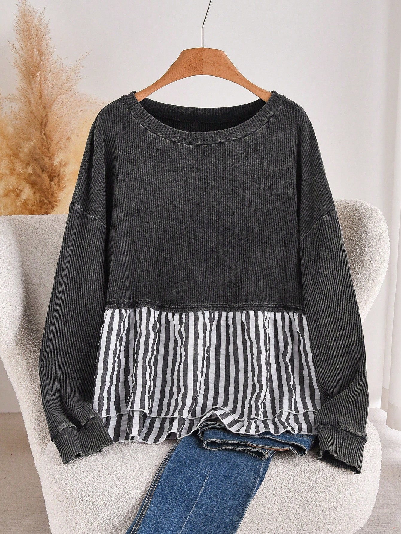 CosyJoli Plus Size Casual Contrast Striped Patchwork Washed Round Neck Long Sleeve T-Shirt Spring Casual Mother's Day Fall