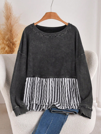 CosyJoli Plus Size Casual Contrast Striped Patchwork Washed Round Neck Long Sleeve T-Shirt Spring Casual Mother's Day Fall