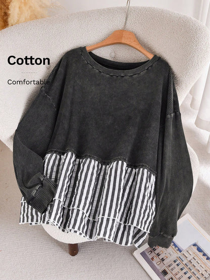 CosyJoli Plus Size Casual Contrast Striped Patchwork Washed Round Neck Long Sleeve T-Shirt Spring Casual Mother's Day Fall