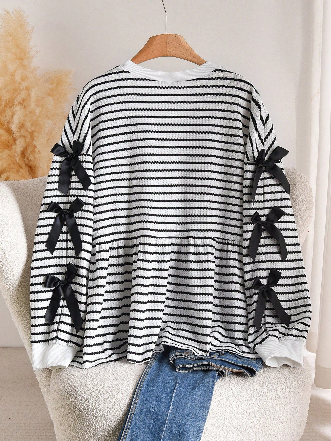 CosyJoli Plus Size Casual Round Neck A-Line Doll Dress Bow Contrast Stripe T-Shirt Striped Long Sleeve Striped Sweater Stripe Top Bow Sweater