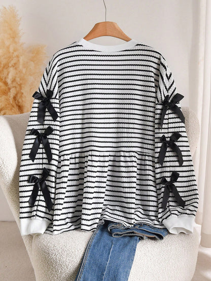 CosyJoli Plus Size Casual Round Neck A-Line Doll Dress Bow Contrast Stripe T-Shirt Striped Long Sleeve Striped Sweater Stripe Top Bow Sweater