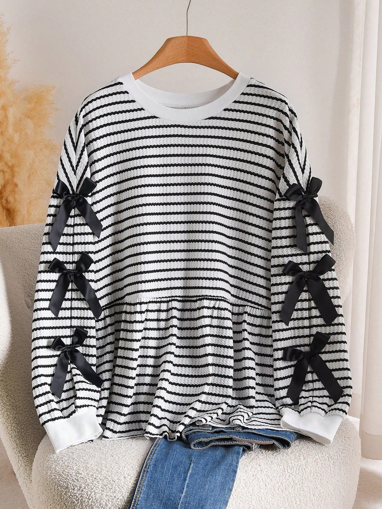 CosyJoli Plus Size Casual Round Neck A-Line Doll Dress Bow Contrast Stripe T-Shirt Striped Long Sleeve Striped Sweater Stripe Top Bow Sweater