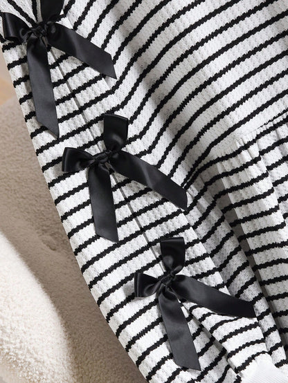 CosyJoli Plus Size Casual Round Neck A-Line Doll Dress Bow Contrast Stripe T-Shirt Striped Long Sleeve Striped Sweater Stripe Top Bow Sweater