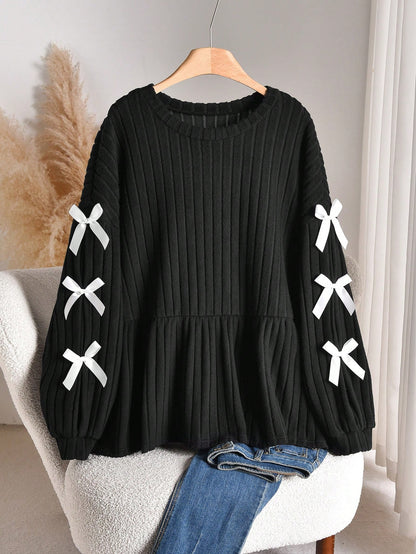 CosyJoli Plus Size Casual Round Neck A-Line Doll Dress Bow Contrast Stripe T-Shirt Striped Long Sleeve Striped Sweater Stripe Top Bow Sweater