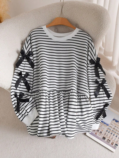 CosyJoli Plus Size Casual Round Neck A-Line Doll Dress Bow Contrast Stripe T-Shirt Striped Long Sleeve Striped Sweater Stripe Top Bow Sweater