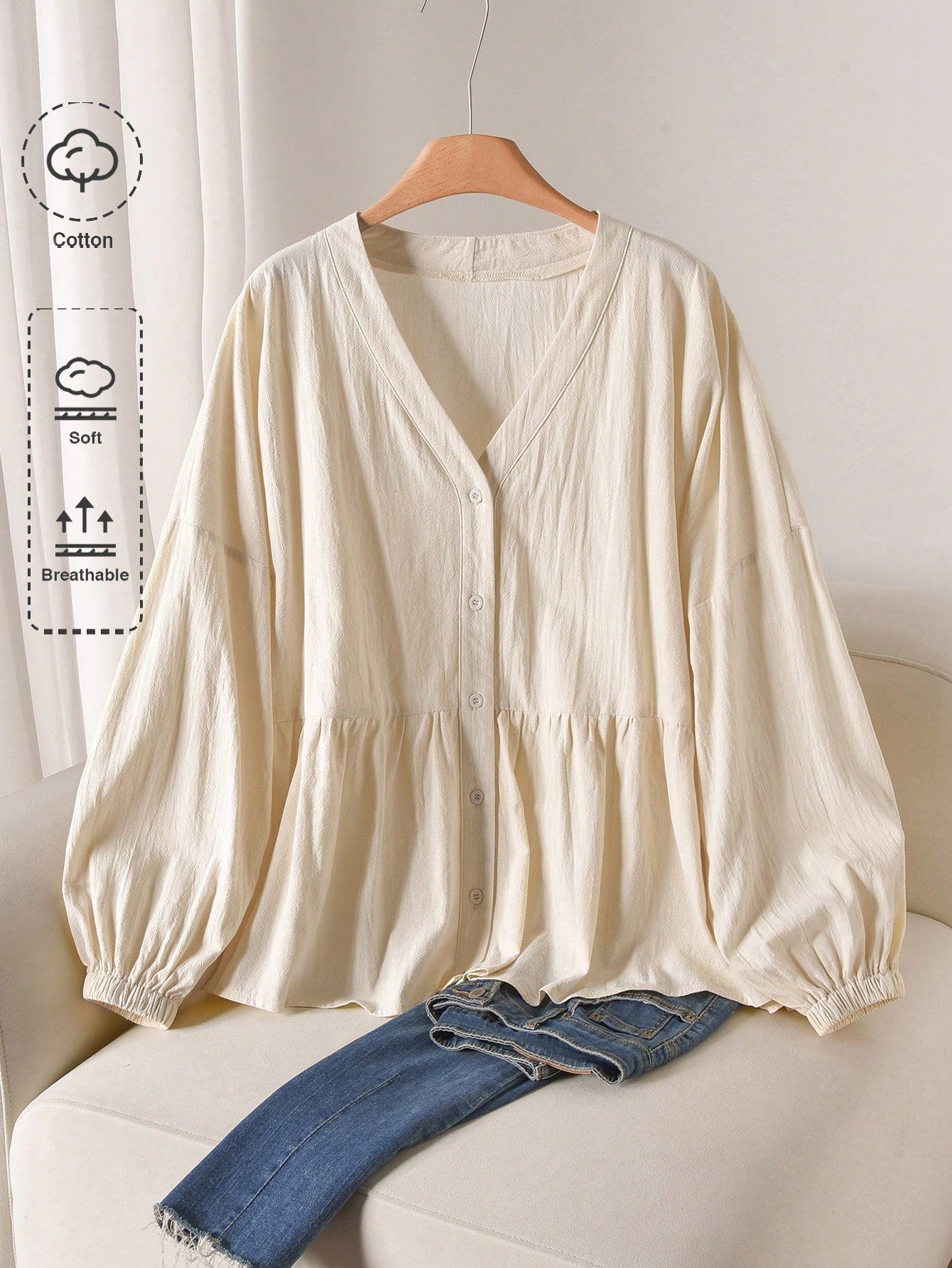 CosyJoli Plus Size Solid V-Neck Drop Shoulder Long Lantern Sleeve Casual Front Button Shirt Fall